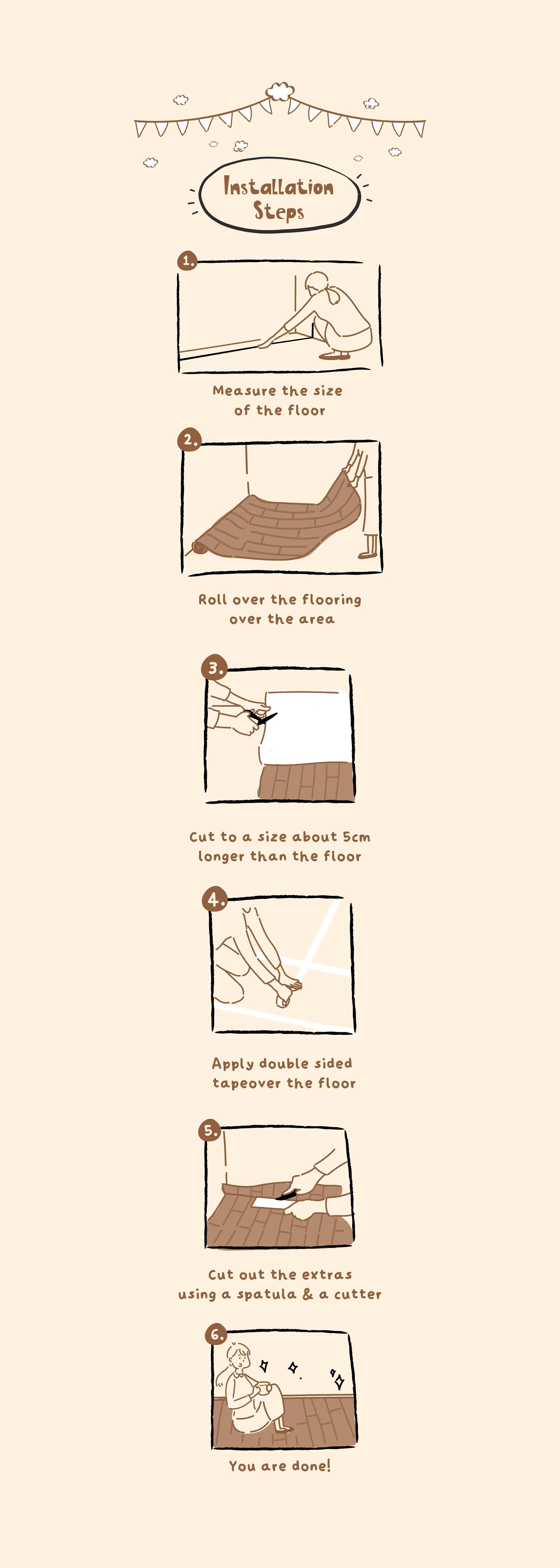 Flooring installation steps infographic with cartoon drawings